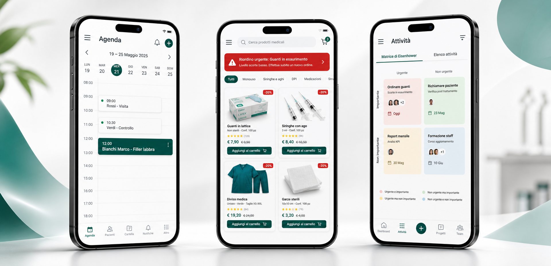 Anteprime mobile di LeoSalus: prenotazione visita in agenda, alert riordino consumabili con marketplace medicale, gestione attività con matrice Eisenhower