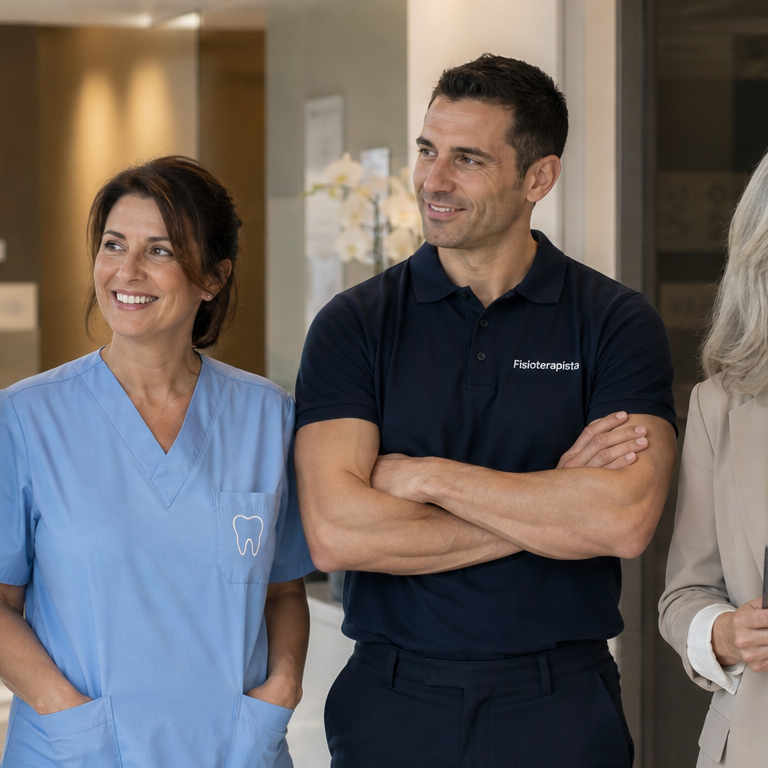 Team di studio medico: medico, odontoiatra, fisioterapista e responsabile amministrativo