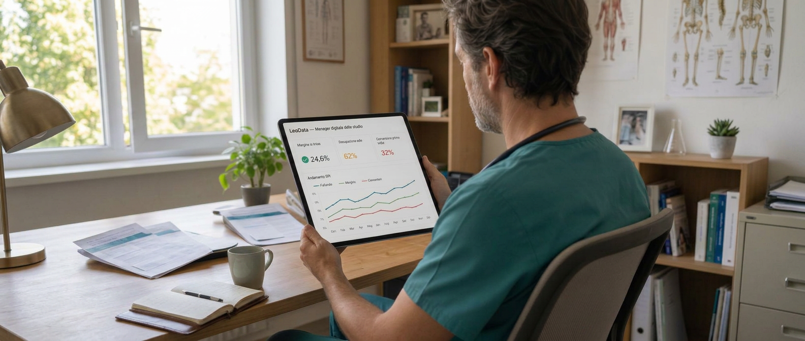 Medico in studio moderno che consulta la dashboard LeoData con KPI, alert operativi e andamento principali indicatori